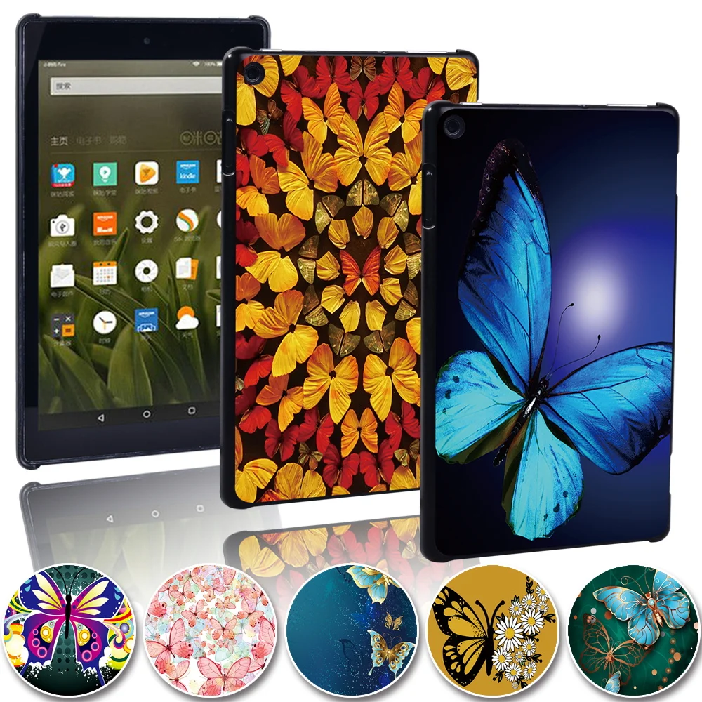 

For Amazon Fire 7(5/7/9th)/Fire HD 8 (6/7/8th)/Fire HD 10 (5/7/9th) Plastic Tablet Printed Butterfly Hard Shell Cover Case +Pen