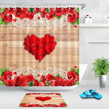 

Heart Shaped Red Rose Rustic wooden boards Waterproof Shower Curtain Home Bathroom Curtains Fabric Bath Curtain Mildew-Resistant
