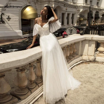 

Lakshmigown Glitter Tulle Wedding Dress Beach 2020 New Arrival Sexy Boho Bridal Dresses Wedding Party Gown Lace Beaded Bodice