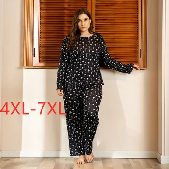 

Ladies autumn winter plus size pajamas set for women home wear suit long sleeve black print T-shirt and pants 4XL 5XL 6XL 7XL
