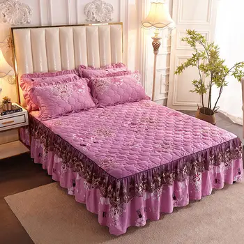 

Thickened Plus Velvet Quilted BedSkirt One-piece Lace Edge Bedspread Winter Warm Crystal Velvet Non-slip Bed Skirt