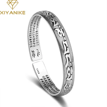 

XIYANIKE 925 Sterling Silver Simple Handmade Buddhist Scripture Cuff Bracelet for Women Vintage Religious Jewelry Adjustable