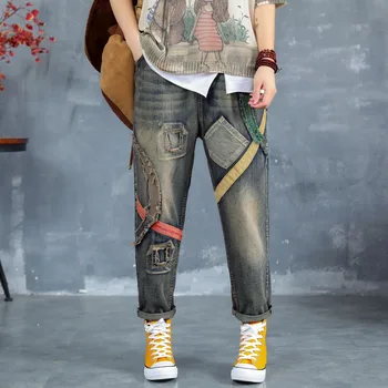 

2019 new tall waist elastic waist do old garment pants long cowboy pant Girl natural color matching