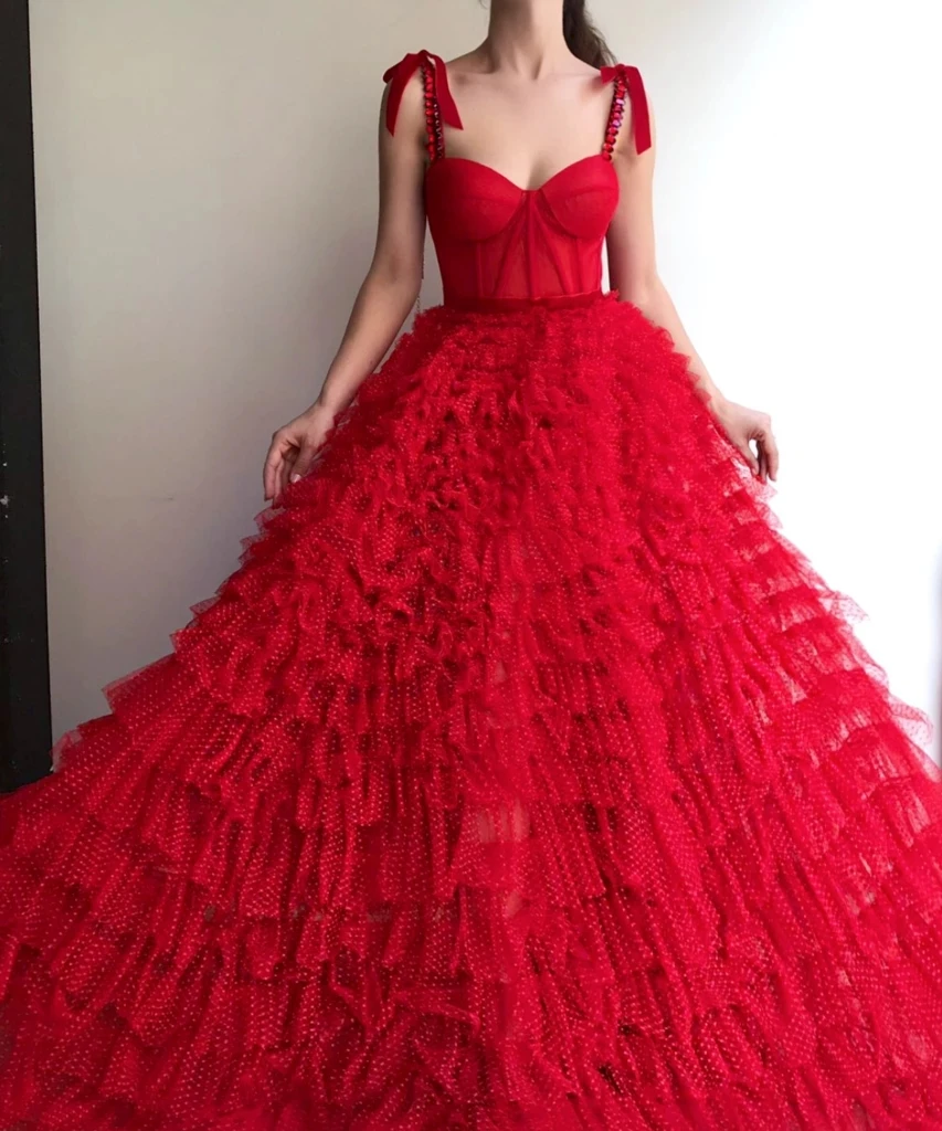 

Red Moroccan Evening Dresses A-line Spaghetti Straps Tulle Crstals Long Luxury Turkey Dubai Saudi Arabia Prom Dress Gown