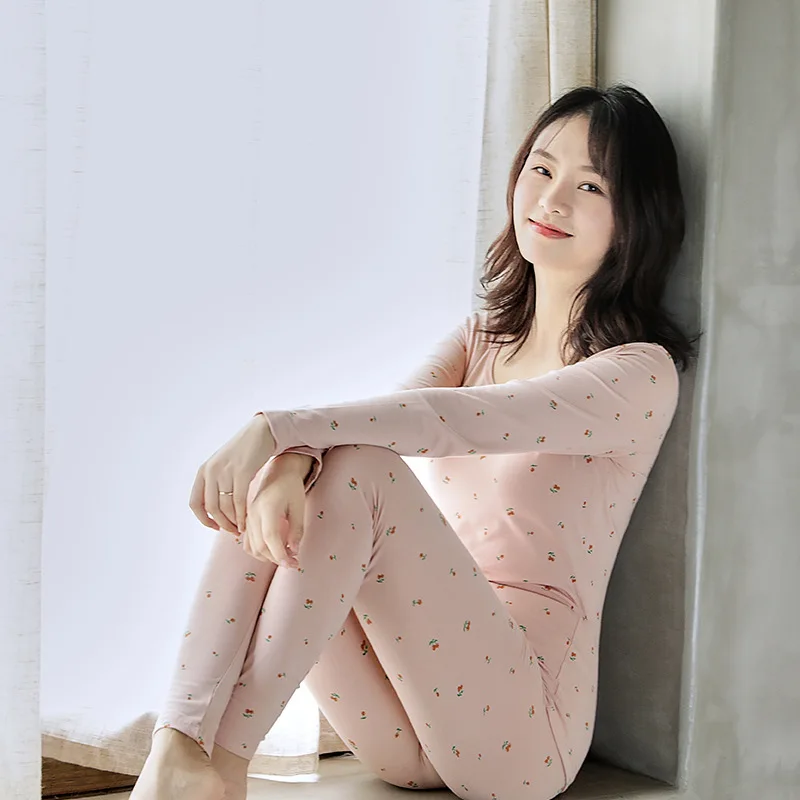 Autumn Winter Cotton Thermal Underwear Women Warm Long Johns Suit Sweet Cute Printed Thermal Clothing Female Second Skin Pajamas