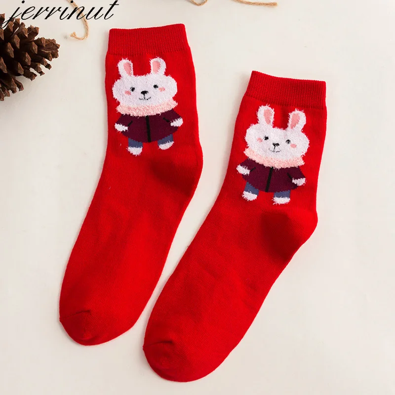 Jerrinut, женские хлопковые Рождественские Носки Happy Red, теплые зимние носки с принтом, милые Мультяшные животные, Модные новогодние носки, 1 пара