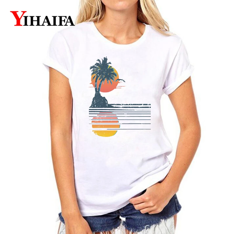 

Women 3D T-shirt Sea Sunrise Printed Casual Short Sleeve Tree Graphic Tee Summer White T shirts O-Neck Unisex Tops