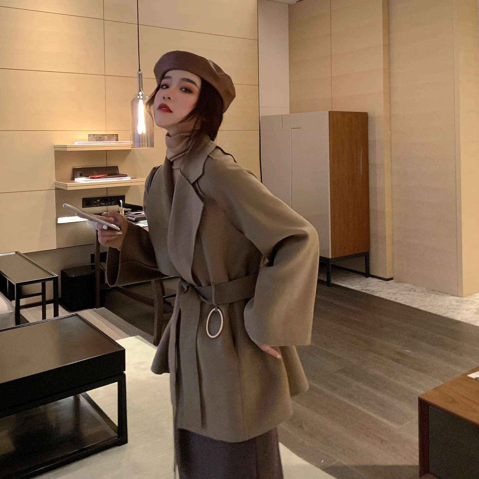 Abrigos Mujer Invierno осенне-зимнее манто для женщин Vogue пояс свободный сплошной цвет Eleagnt дамское длинное твидовое шерстяное пальто для женщин