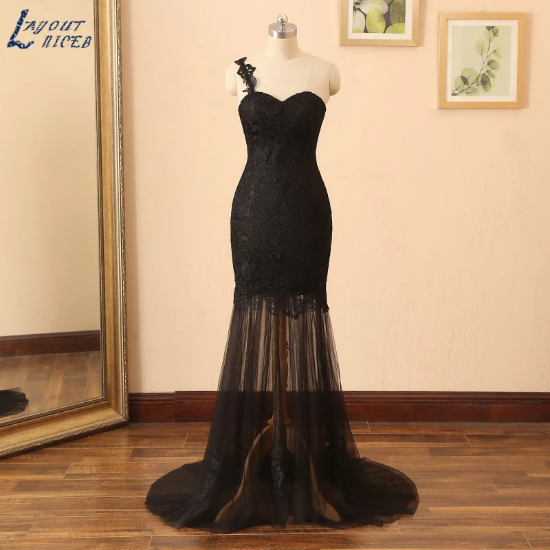 

YQS033 Lace One Shoulder Long Evening Dress Fish Cut Sexy Cut Out Black Evening Gown Custom Made