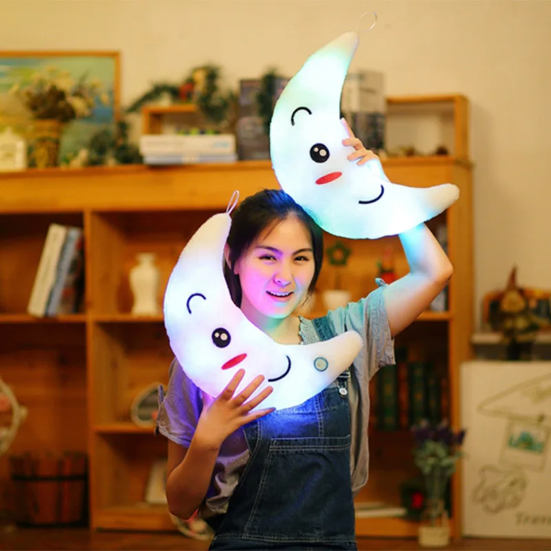 New Kawaii Dream and Creative Colorful Luminous Pillow Plush Toy Moon and Nightlight Doll Girls and Children Birthday Gifts