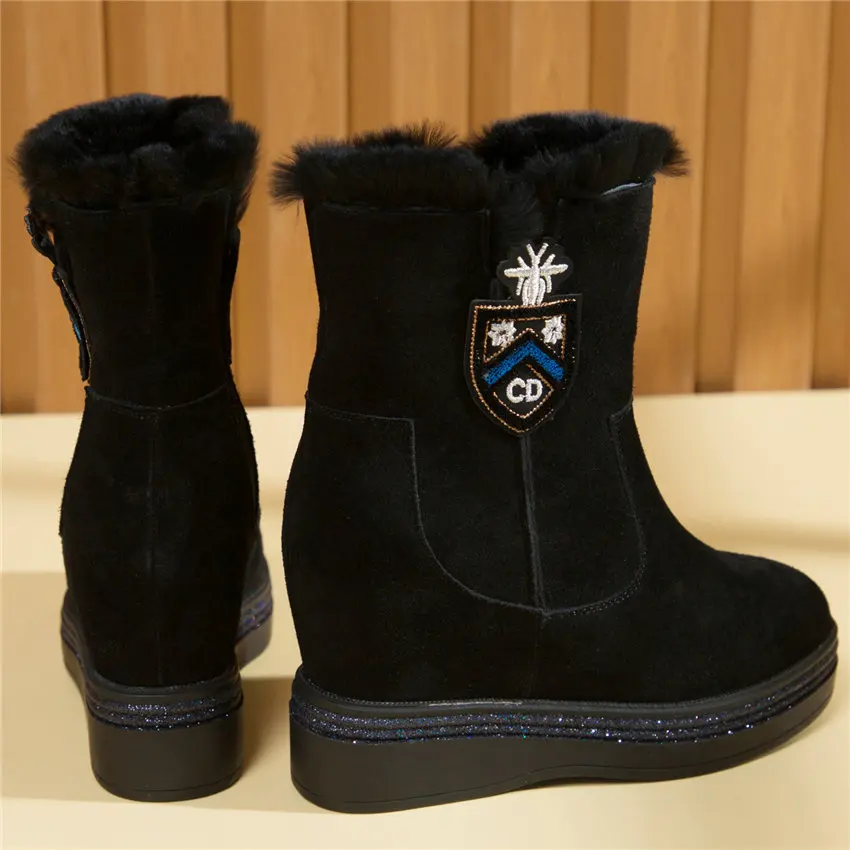 Punk Goth Trainers Women Cow Leather Wedges High Heel Snow Boots Rabbit Fur Platform Pumps High Top Winter Warm Fashion Sneakers