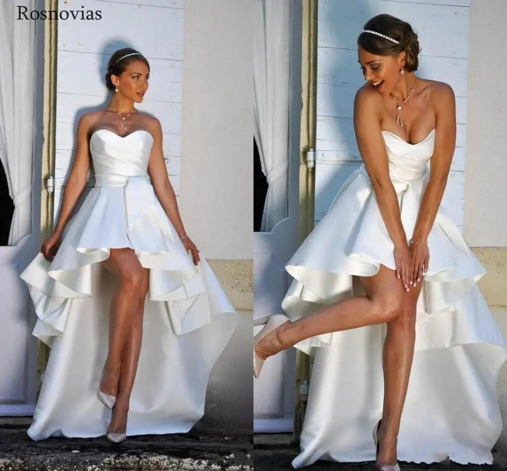 

New High Low Boho Wedding Dresses 2020 Strapless Lace Up Back Hi-Lo Modest A Line Beach Bridal Gowns Vestido De Novia Cheap