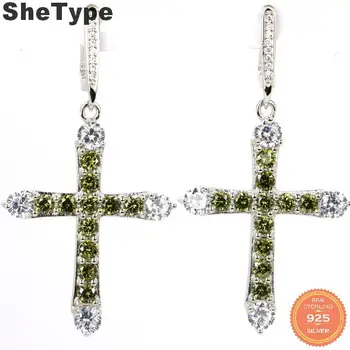 

53x27mm SheType 10.3g Long Cross Created Green Peridot Purple Amethyst White CZ Real 925 Solid Sterling Silver Earrings