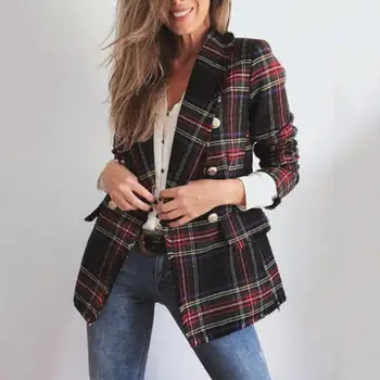 

Office Lady Double Side Woolen Cardigan Plaid Double-breasted Blazer Jacket