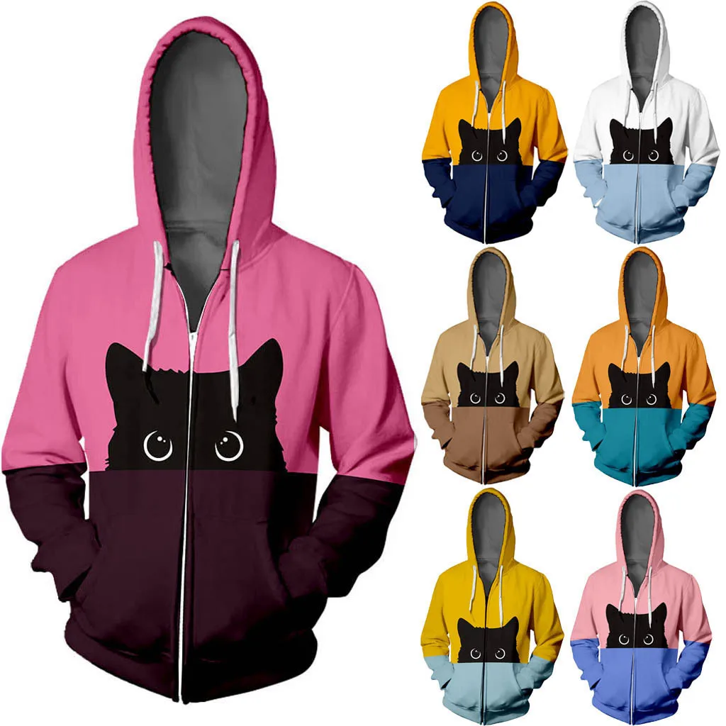 Женские куртки и пальто осень зима Lover Cat Print Hoodie хип хоп на молнии Цвет штампованный с длинным рукавом пальто размера плюс верхняя одежда