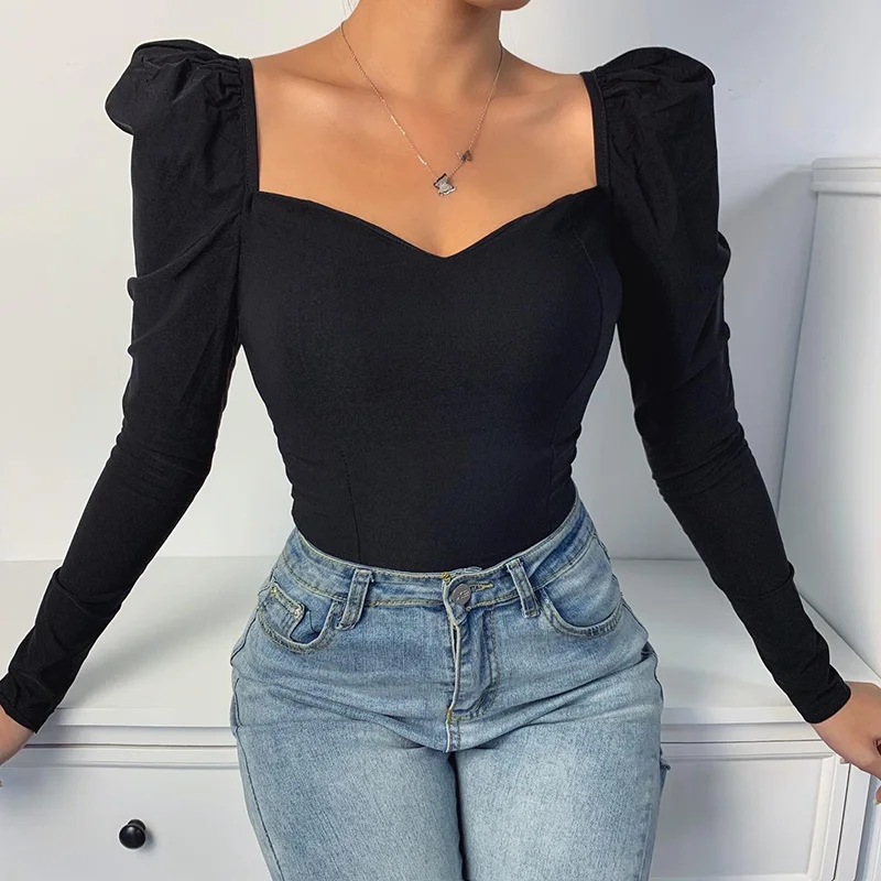 New Top Selling Trend Autumn Solid Color Retro Sexy Puff Sleeve Square Small V-neck Slim Fit Shirt V-Neck Full |