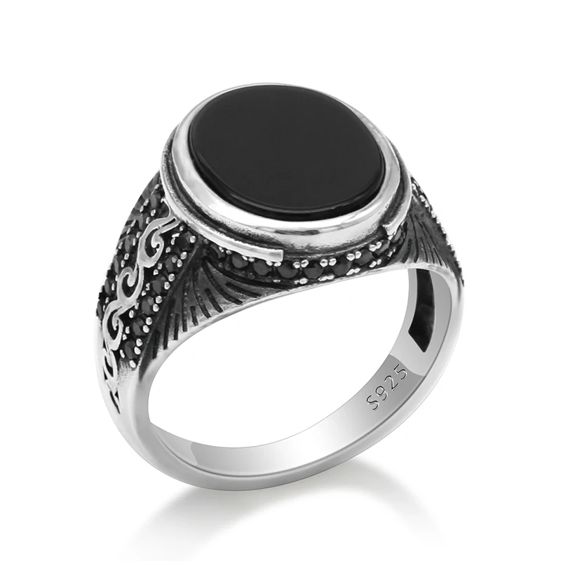 Turkish 925 Sterling Silver Black Natural Agate Stone Garnet Men Ring Punk Silver Finger Rings for Man Fine Making Jewelry