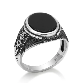 

Turkish 925 Sterling Silver Black Natural Agate Stone Garnet Men Ring Punk Silver Finger Rings for Man Fine Making Jewelry