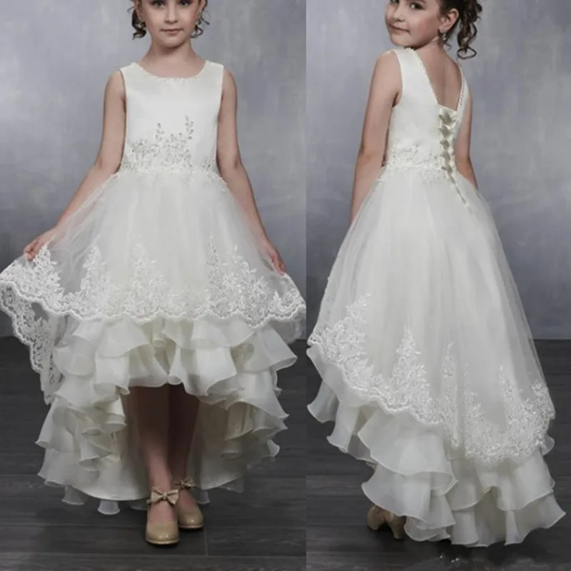 18 Luxurious White ivory Tulle First Communion Dresses Princess Lace Applique Flower Girl Dresses Birthday Party Cascading Dresse