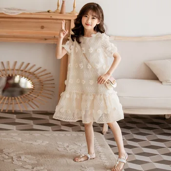 

4 To 16 Years Kids and Teen Girls Summer Embroidery Lace Dress Korean Style Sweet Princess Dresses Children Party Dress, #8809