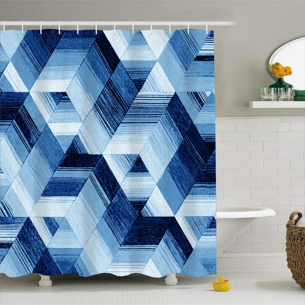 

3D Print Geometry Patterns Bath Curtain Durable Waterproof Polyester Shower Curtain with Hooks Cool Colors 1 PC 180x180cm