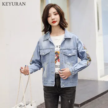 

Women Vintage Floral Embroidery Denim Jacket Femme Loose Outwear Casacos Feminino 2020 Autumn New Casual Basic Jeans Coats L3760
