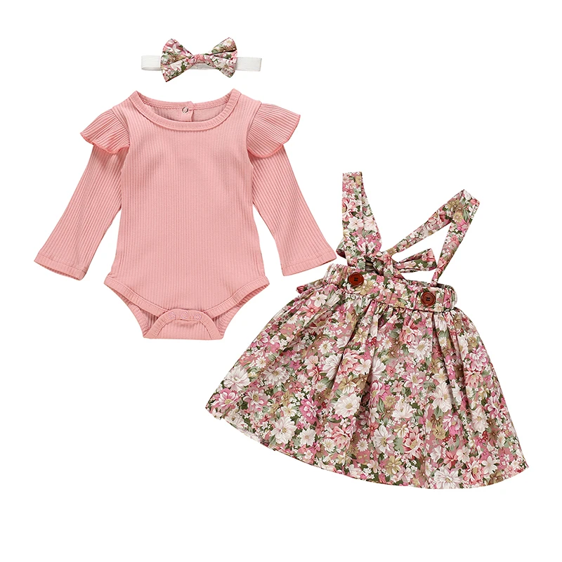 baby dress and set Summer Newborn Infant Baby Girl Clothes Set Cute Pink Floral Dress+Short Sleeve Romper Top+Headband Girls Party Clothing Outfits warm Baby Clothing Set Baby Clothing Set