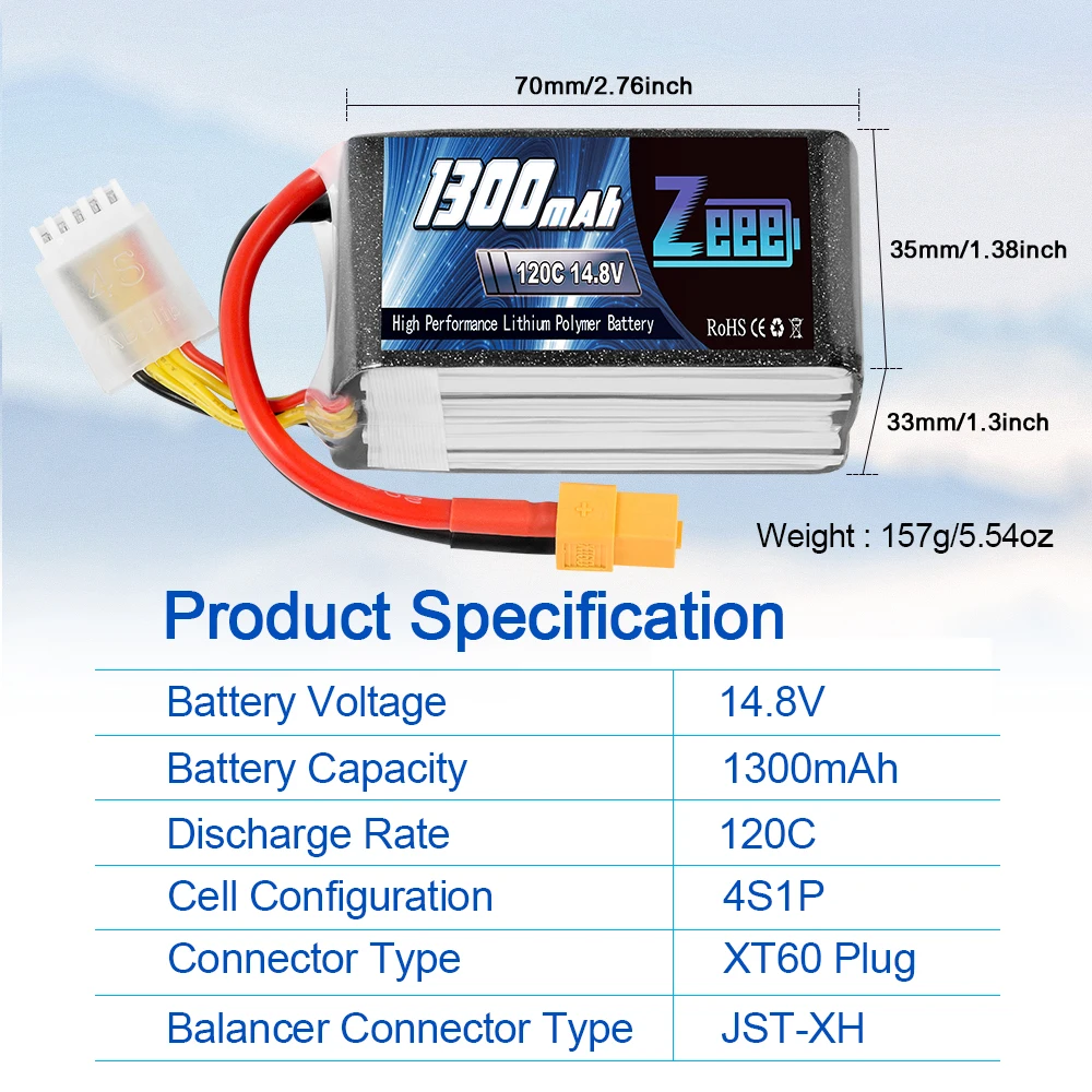 2 шт. Zeee Lipo батарея 14,8 V 120C 1300mAh 4S графеновая батарея с разъемом XT60 для FPV гоночный Дрон Квадрокоптер RC автомобиль самолет