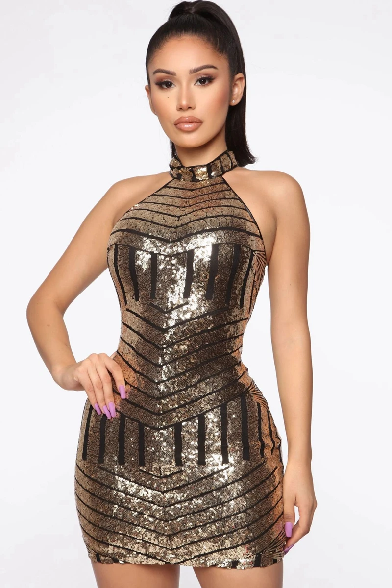 

Women Sexy Backless Black and Gold Sequin Dresses Ladies Turtleneck Bandage Bodycon Sleeveless Party Night Club Short Mini Dress