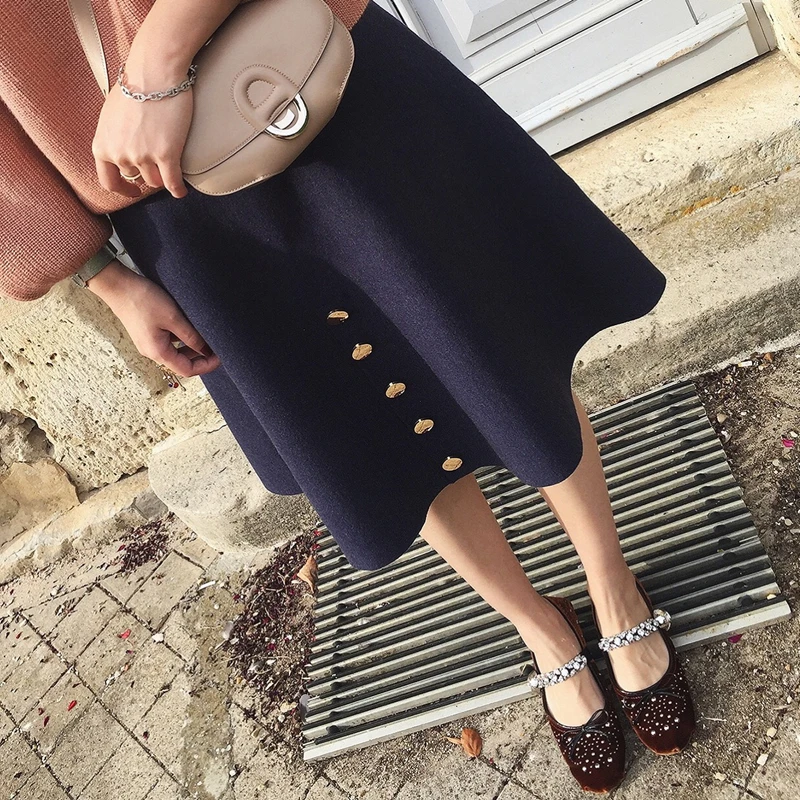 Women Skirts Buttons Winter Style Brand Women Elastic Faldas Ladies Midi Skirts OL Girl Midi Knitted Skirts Saia Feminina