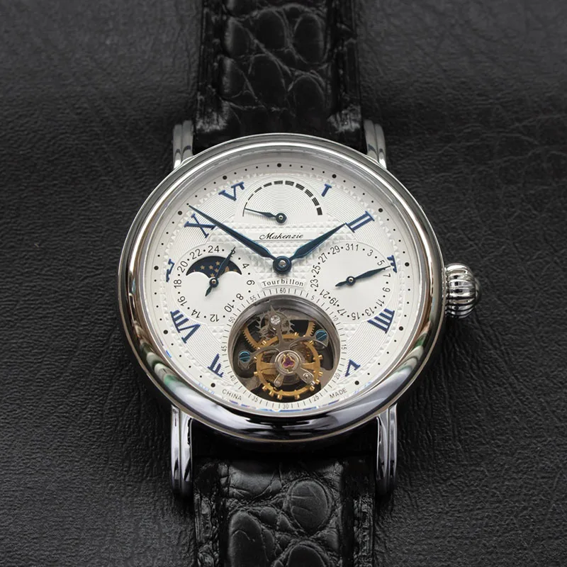 Многофункциональные мужские часы s Pilot Real Tourbillon с календарем Moonphase, механические мужские часы ST8007 Tourbillon, модные часы - Цвет: Blue White Black