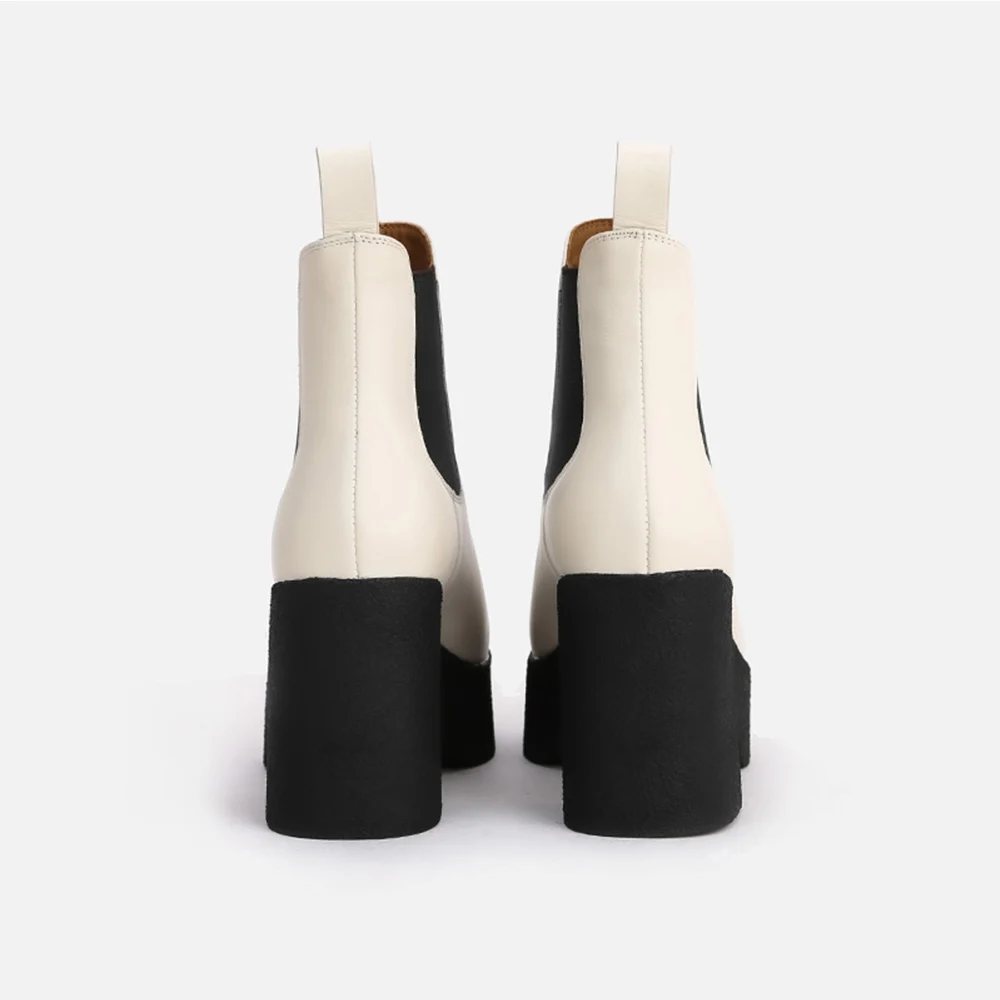

MUMANI Woman‘s Chelsea Boots Square Heel Genuine Leather White Lady Shoes Square Toe Platform Slip On High Heel ANKLE Boots