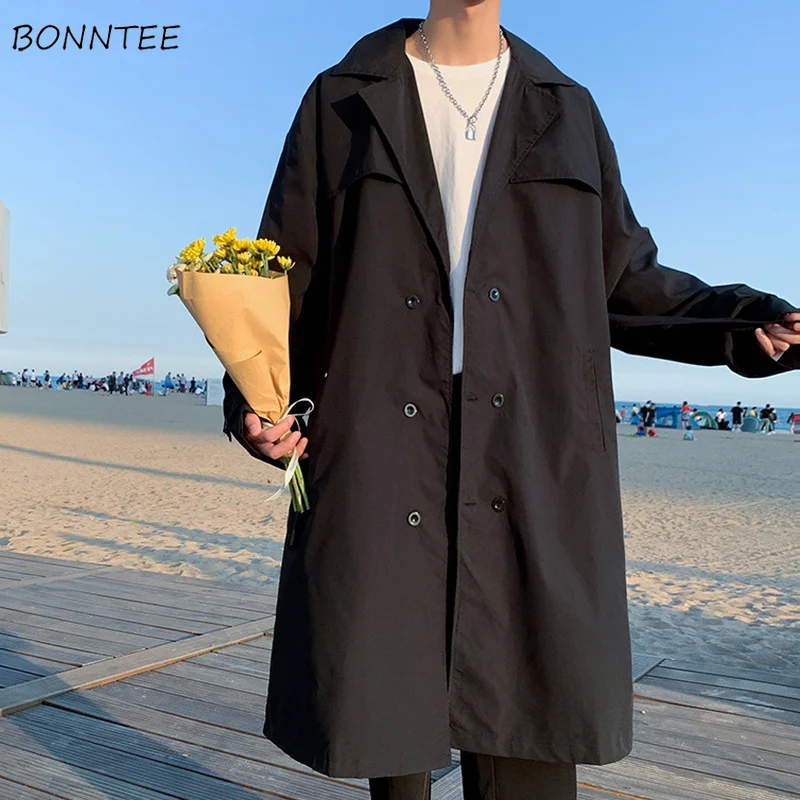 Trench Coat Men Oversize Solid Double Breasted Loose Turn-down Collar Sashes Korean Fashion