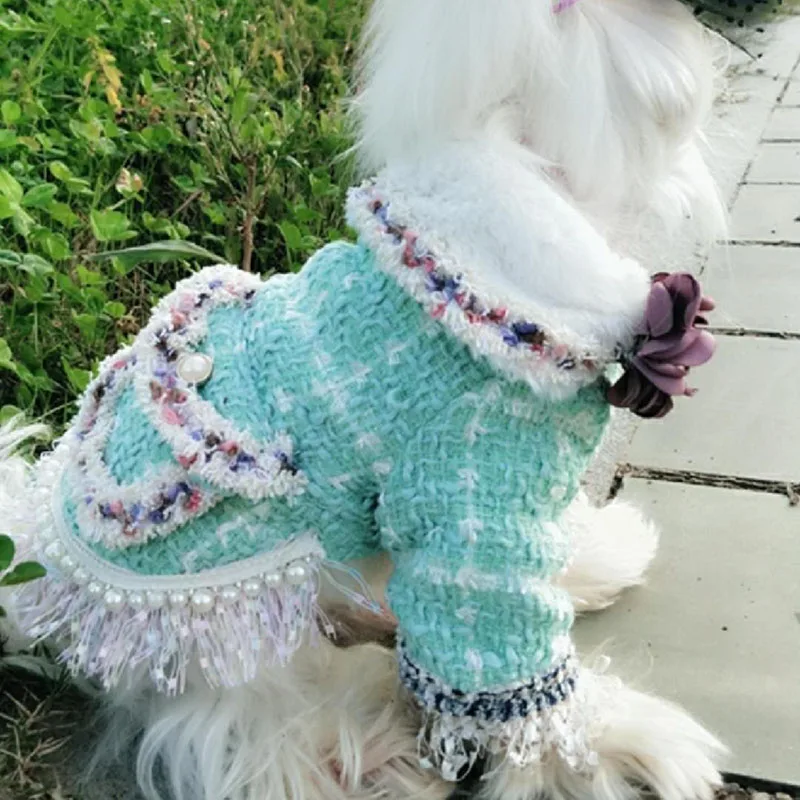 Для домашних любимцев собак Зимний одежда теплая шерстяная куртка для щенка для маленьких собак роскошный бархатный воротник ручной работы украшает цветок "жемчужное" пальто Чихуахуа Мопс