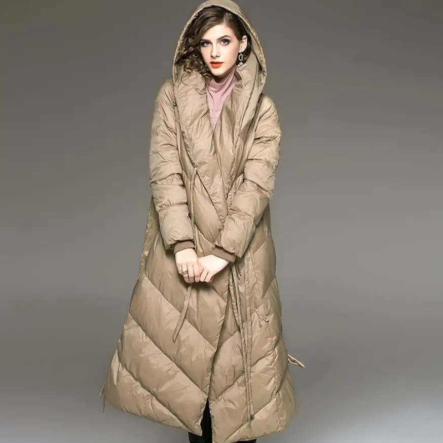 Winter High-quality fashion X-long thick warm duck down coats jacket female keep warm in cold winter hooded down coat F302 - Цвет: khaki