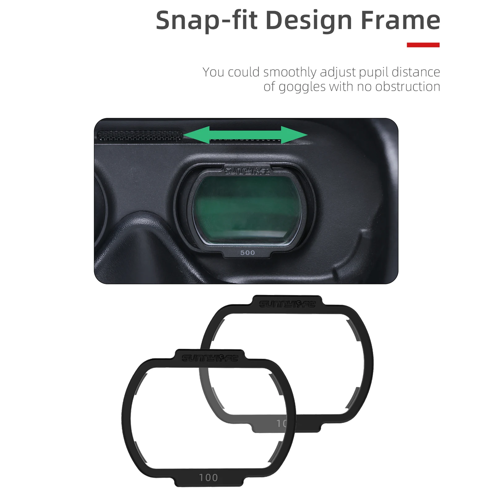 Gros plan sur les verres correcteurs intégrés des lunettes FPV pour myopie.