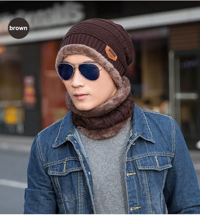 Новая теплая зимняя шапка для шеи, вязаный набор шапки и шарфа Skullies Beanie, зимняя шапка для мужчин, Балаклава, маска, шапка, вязаная шапка