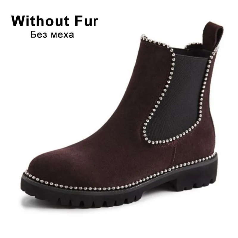 Taoffen Size 34-41 Women Genuine Leather Beads Ankle Boots Chelsea Office Work Party Casual Short Boots Flats Daily Footwear - Цвет: coffee without fur