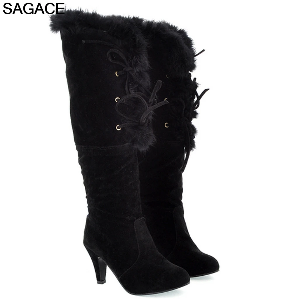SAGACE Boots Leisure Women Pointed Toe Suede Lace-Up Boots High Heel Keep Warm Bota Ladies Rubber Shoes Booties zapatos de mujer