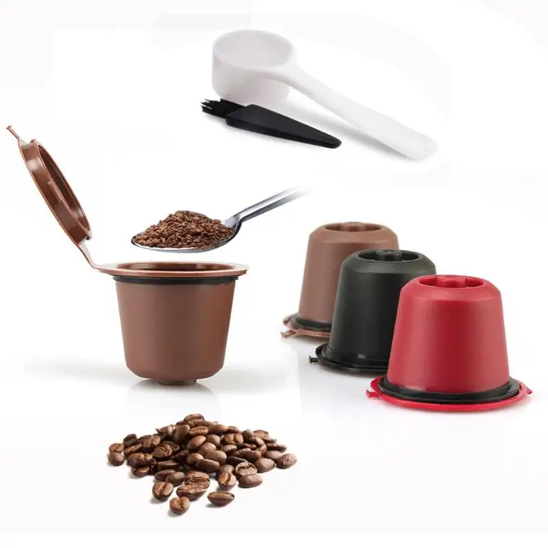 

3PCS Reusable Nespresso Coffee Capsules Cup With Spoon Brush Black Refillable Coffee Capsule Refilling Filter Coffeeware Gift