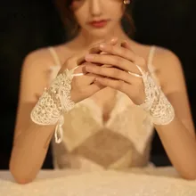 Короткие кружевные свадебные перчатки с жемчугом для взрослых без пальцев слоновая кость свадебная перчатка на шнуровке SFG26