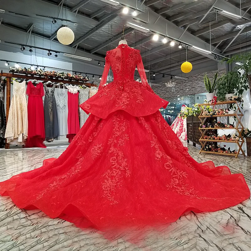 LS0993 red high neck brides wedding party dresses long tulle sleeve lace up back beauty cheap evening dress real price as photos 2