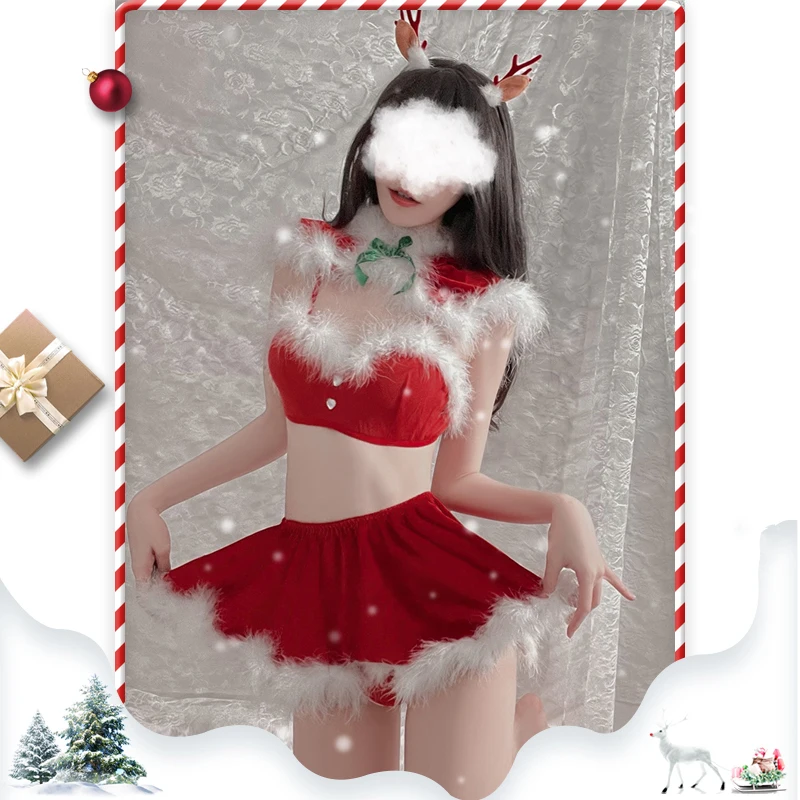 

plush Red Christmas Princess Cosplay Costumes Sexy Bra Mini Skirt Thong Chest Outfit Temptation Uniform Suit Anime Hot Set 2022