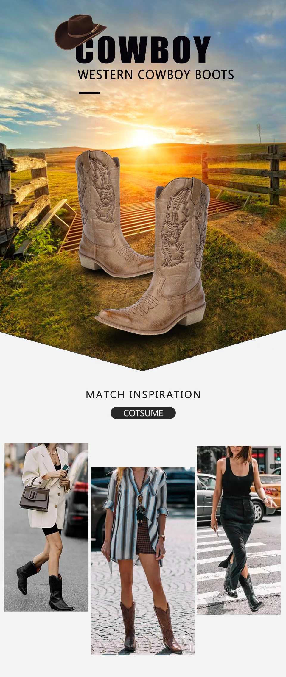 Maxmuxun Knee High Western Cowboy Boots National Retro Style in The Tube Pointed Square Root Totem Sewing Thread Women's Shoes