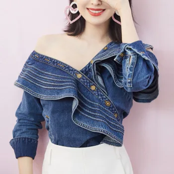 

DEAT 2020 new V-neck full sleeves off one shoulder ruffles sleeves metal button blue denim shirt and white shorts WN55305L