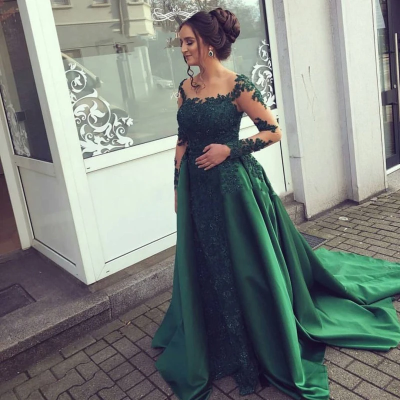 

Emerald Green Evening Dress Lace Long Sleeves Prom Gown Chiffon Appliques Women Party Dress Mother of Bride Vestidos De Fiesta
