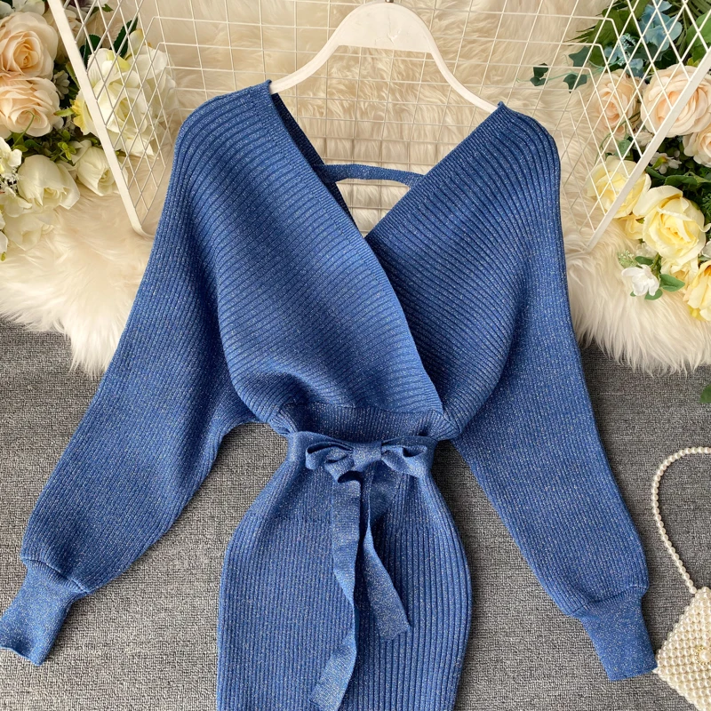 ALPHALMODA яркое шелковое трикотажное платье с рукавом «летучая мышь», женское осенне-зимнее модное Сверкающее вязаное платье, пуловер, платье