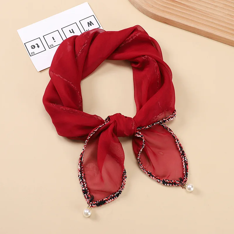 2021 Elegant Pure Color Light Gauze Scarf Pearls Scarf Women Bandana