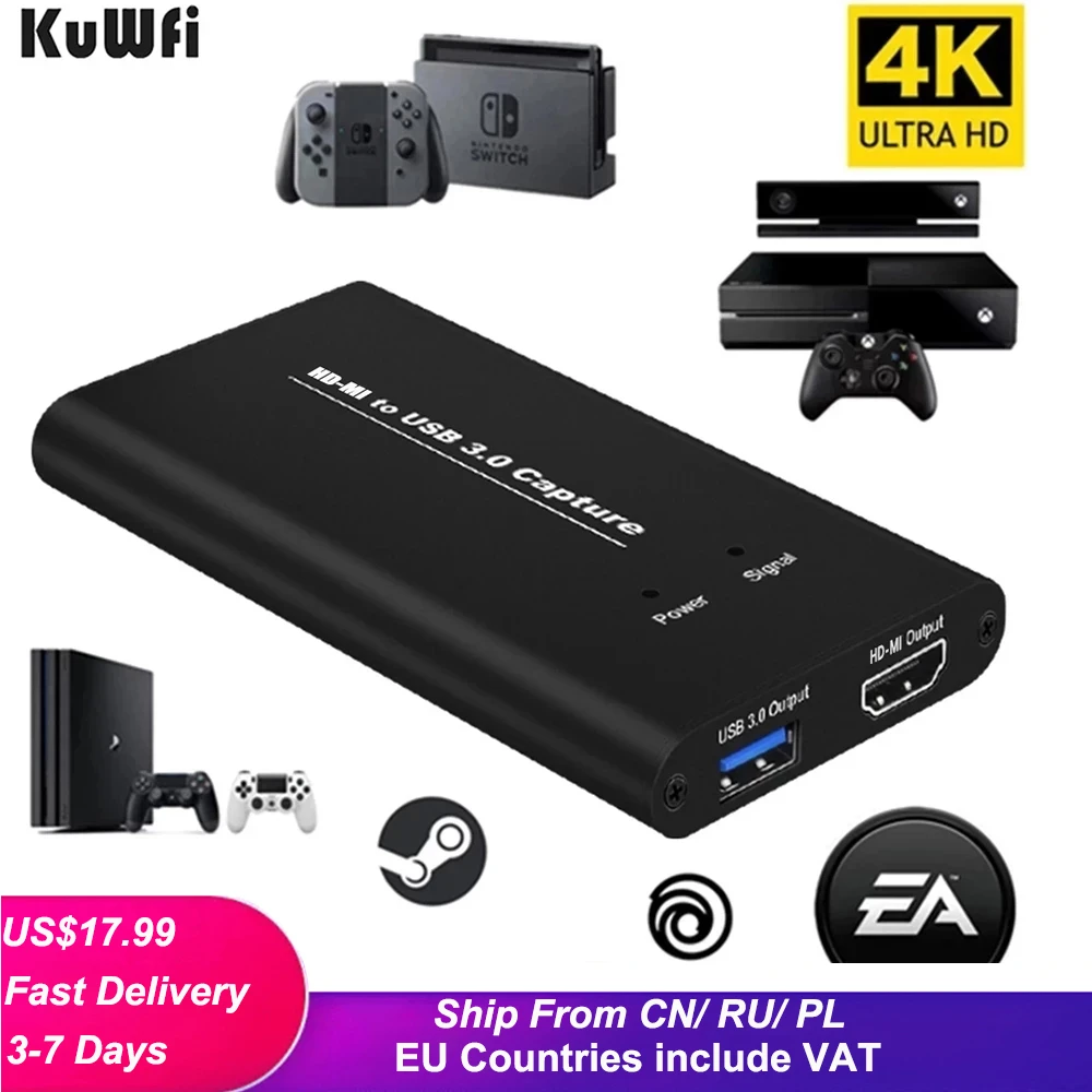 Kuwfi-USB 3.0 HDMIビデオキャプチャ,4k 60hz,HDMI to  USBビデオキャプチャ,ドングル,ゲーム,ライブストリーミング,マイク入力付き