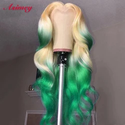 Asimey Yellow Pink Red Green Purple Blue Human Hair Wavy Wigs T613 Body Wave Wig Highlight Ombre Lace Front Preplucked For Women